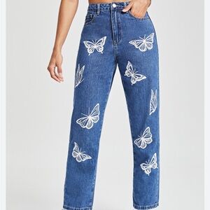 Shein High Waisted Wide Leg Jeans With White Butterfly Print XS 2